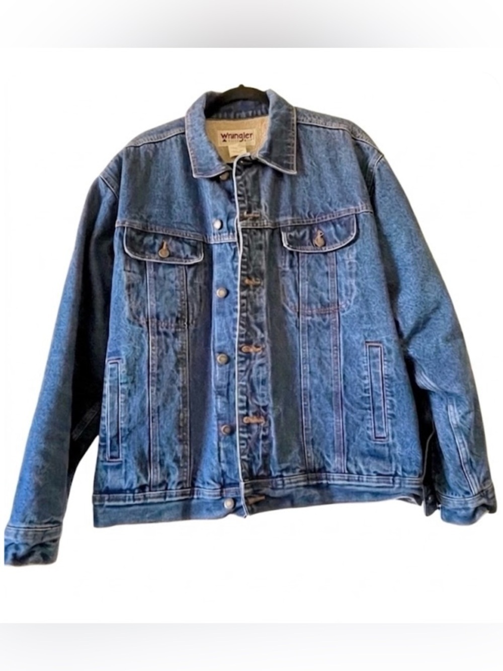 Wrangler Vintage Sherpa Lined Denim Trucker Jacket Women XL Rugged Western USA